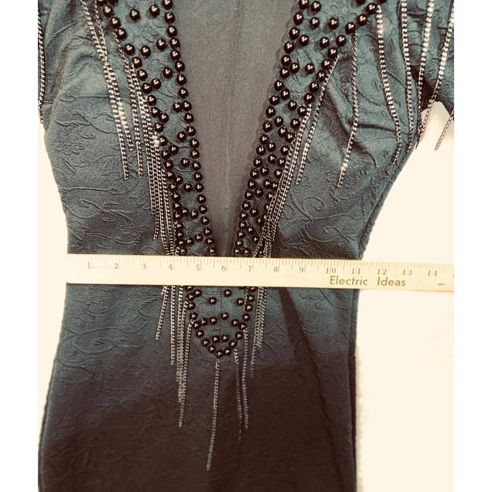 Carol Catugy Black Beaded Cocktail Dress w Sheer Plunge Neckline Embellished Med - Picture 5 of 9